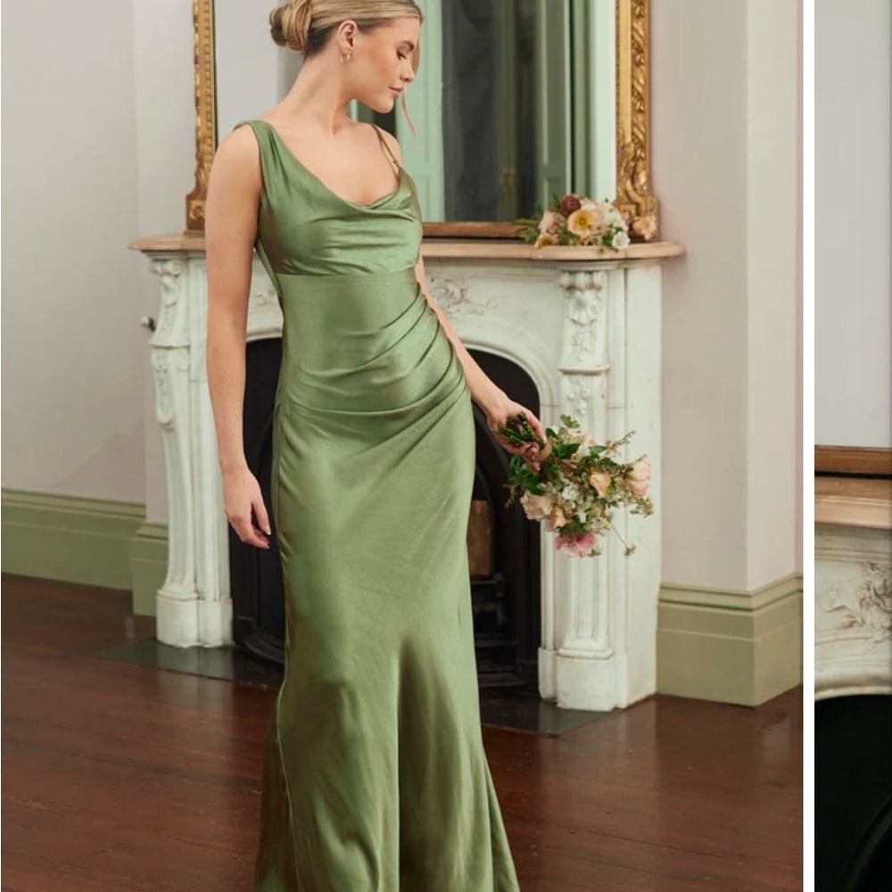 Six Stories ROMY Cowl Asymmetrical Satin Bridesmaid Dress Moss Green